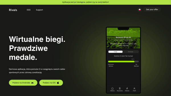 Strona wizytówka aplikacji mobilnej Rivals do rywalizacji sportowej